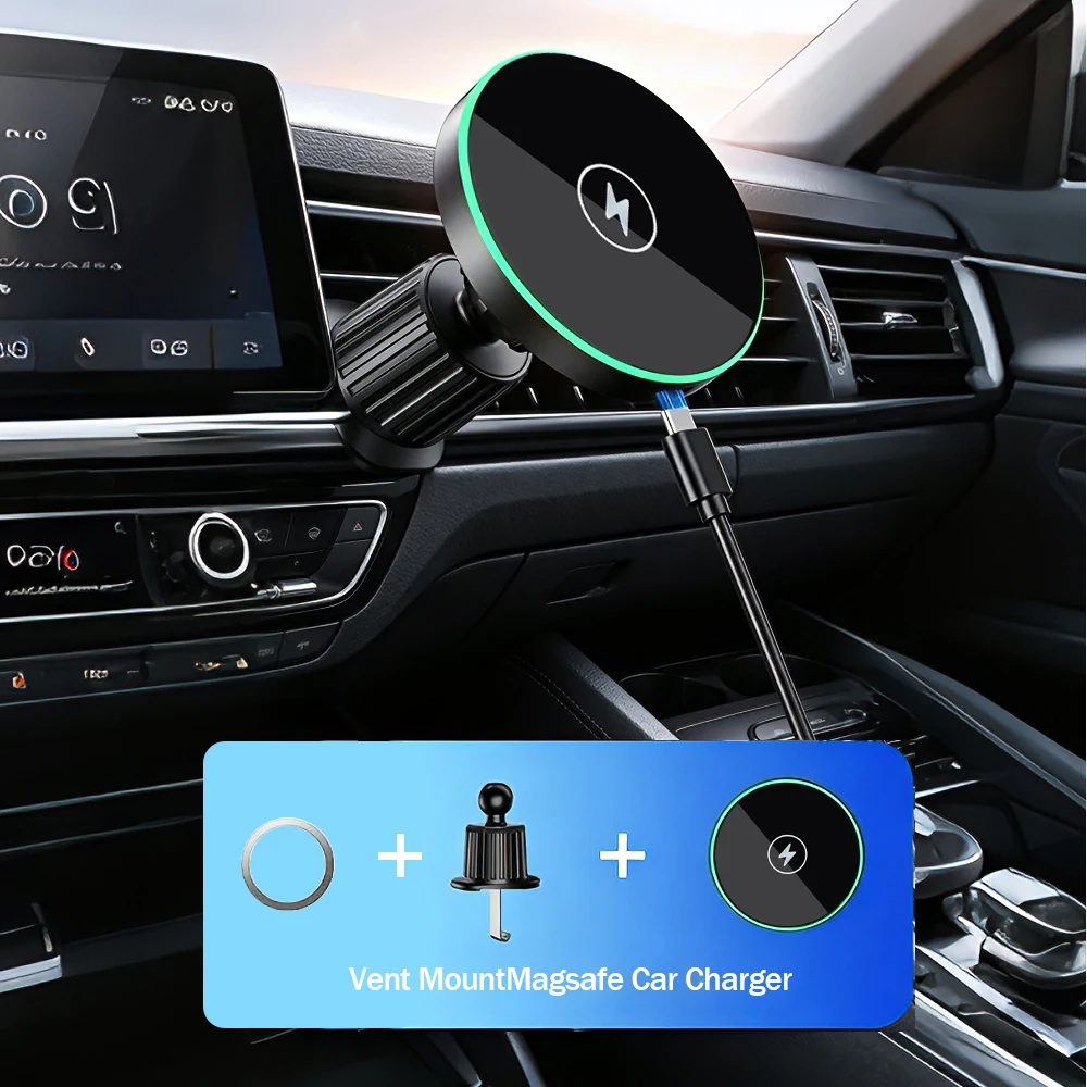 Magnetic Car Wireless Charger LED For iPhone12 13 14 15 16 17 Pro Max Magsafe Car Phone Holder Stand Mount Fast Charging Station