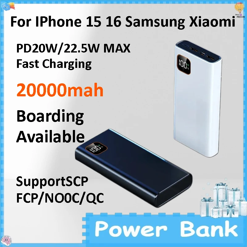20000mAh Power Bank 22.5W PD Fast Charging Portable Charger External Battery Pack for IPhone 15 16 Samsung Xiaomi