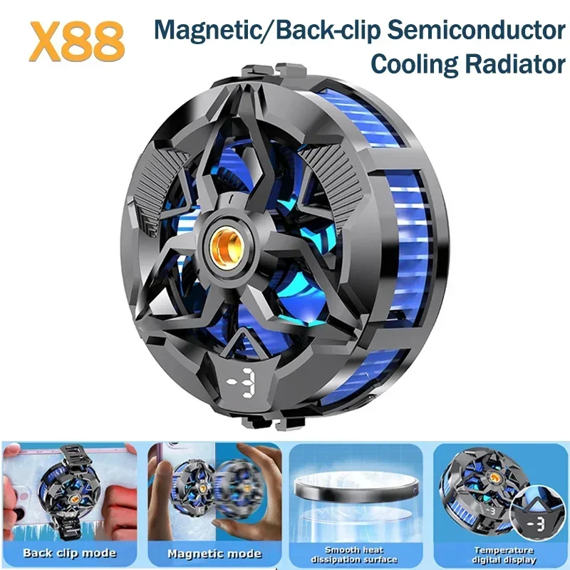 X88 Mobile Phone Semiconductor Radiator Magnetic/ Back-clip 2 in 1 Cool Heat Sink 3 Gears Adjustment Game Cooler for IOS Android X88 Mobile Phone Semiconductor Radiator Magnetic/ Back-clip 2 in 1 Cool Heat Sink 3 Gears Adjustment Game Cooler for IOS Android