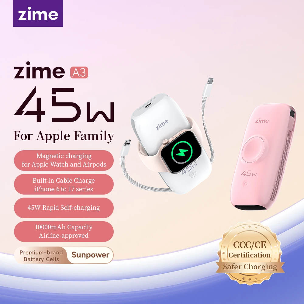 Zime 3-in-1 Portable Wireless Charger 10000mAh Power Bank with Ring Stand Compact Size for Apple Series and Apple Watch Charging