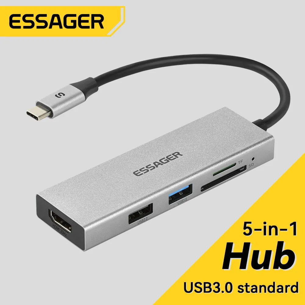 Essager 5 in 1 USB C HUB HDMI-4K Docking Station Splitter For Macbook Adapter For Laptops USB 3.0 Type C Essager 5 in 1 USB C HUB HDMI-4K Docking Station Splitter For Macbook Adapter For Laptops USB 3.0 Type C
