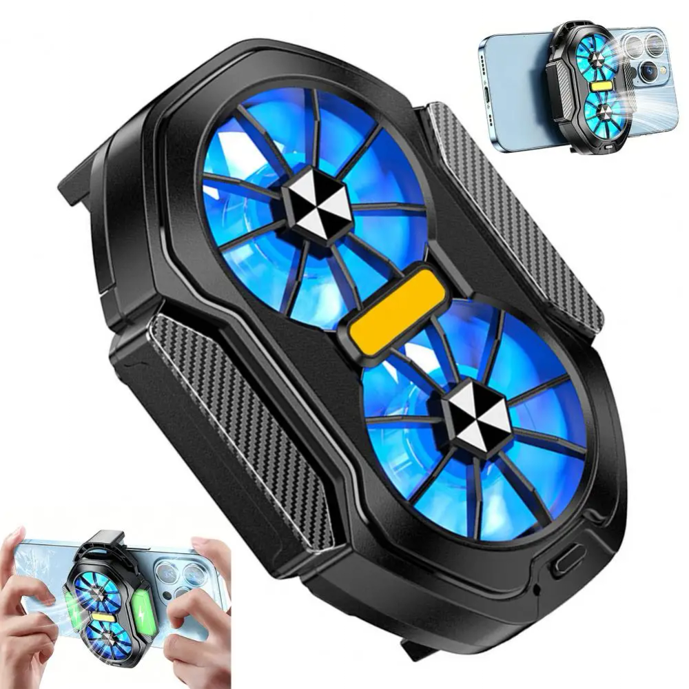 Mobile Phone Cooler with Dual Cooling Fan Cell Phone Radiator Heatsink with Rechargeable Battery for Live Streaming Outdoor Vlog