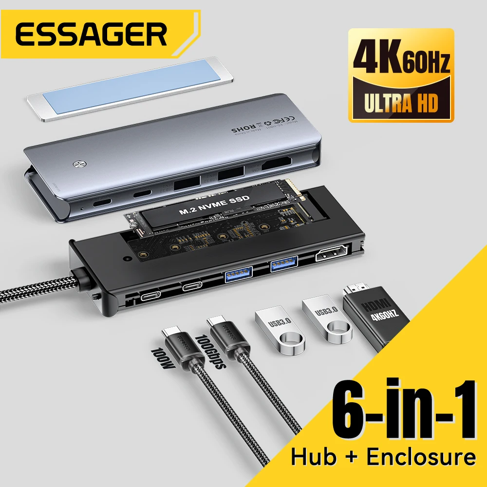 Essager USB C Hub With M.2 SSD Hard Disk Enclosure 6/7 in 1 PD100W USB3.2 10Gbps HDMI USB Type C Adapter for Macbook Pro Air PC Essager USB C Hub With M.2 SSD Hard Disk Enclosure 6/7 in 1 PD100W USB3.2 10Gbps HDMI USB Type C Adapter for Macbook Pro Air PC