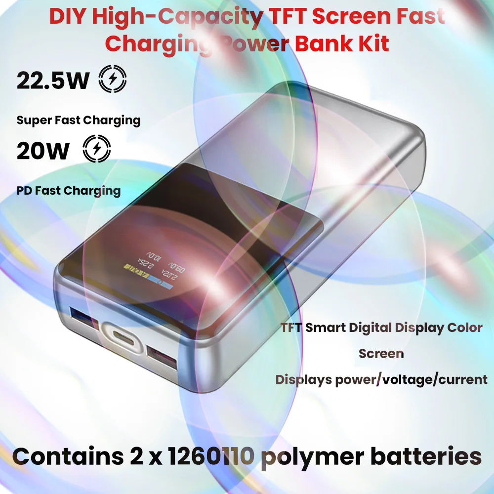 Portable Power Bank DIY Kit 22.5W Bidirectional Fast Charging Power Bank Mainboard TFT Color Display Battery Case Battery Shell Portable Power Bank DIY Kit 22.5W Bidirectional Fast Charging Power Bank Mainboard TFT Color Display Battery Case Battery Shell