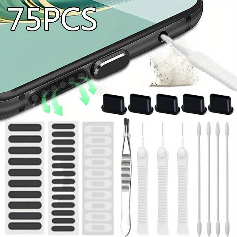 75pcs Phone Charging Port Cleaner Kit for iPhone/Samsung/Xiaomi Type C/Speaker, Dust Plug & Mesh Cleaning Tool 75pcs Phone Charging Port Cleaner Kit for iPhone/Samsung/Xiaomi Type C/Speaker, Dust Plug & Mesh Cleaning Tool
