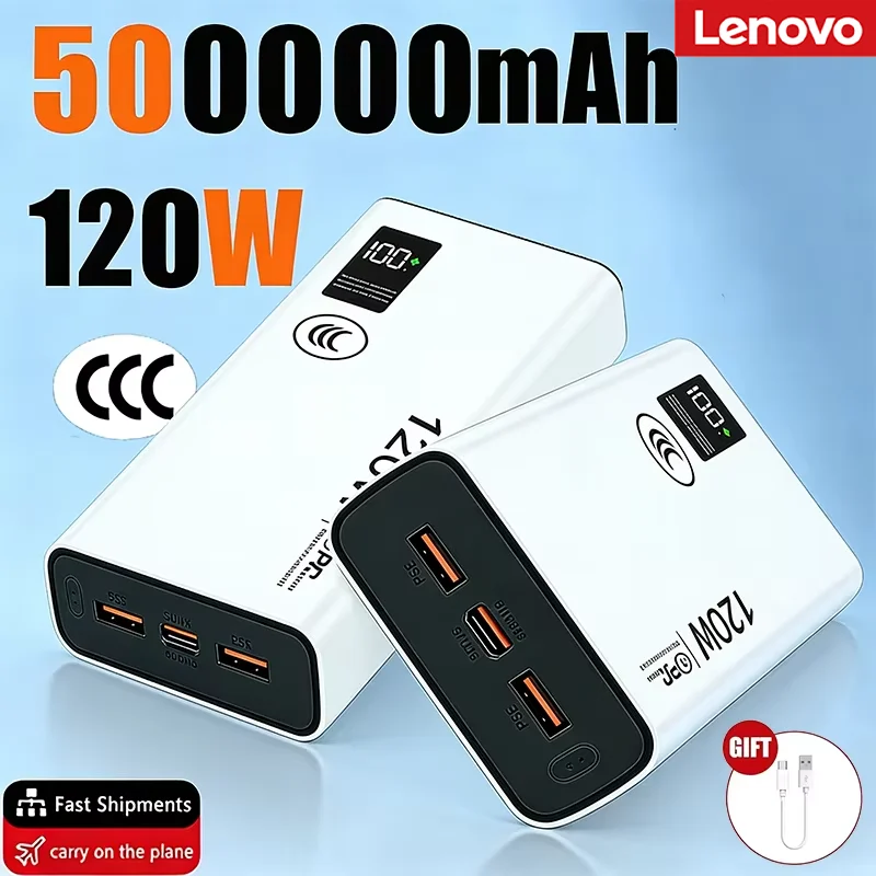 Lenovo 2026 Large Capacity 500000mAh Powerbank 120W Fast Charging LEDPower Bank Portable Battery Charger Supply For Iphone Samsu
