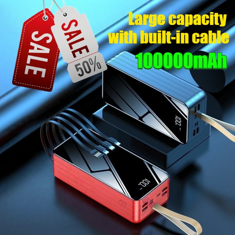 100000mAh Fast Charging Power Bank with Built-in Cable Large Capacity Digital Display Portable Charger 100000mAh Fast Charging Power Bank with Built-in Cable Large Capacity Digital Display Portable Charger