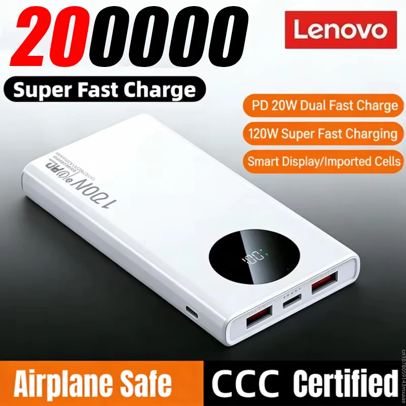 Lenovo 200000mAh Power Bank 120W Super Fast Charging PD20W Dual Way Digital Display Airplane Safe CCC For iPhone Samsung Xiaomi Lenovo 200000mAh Power Bank 120W Super Fast Charging PD20W Dual Way Digital Display Airplane Safe CCC For iPhone Samsung Xiaomi