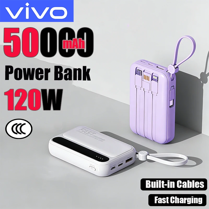 VIVO 50000mAh Power Bank 120W Super Fast Charging 4 in1 Cables With LED Digital Display Powerbank For iPhone Huawei Samsung 2026 VIVO 50000mAh Power Bank 120W Super Fast Charging 4 in1 Cables With LED Digital Display Powerbank For iPhone Huawei Samsung 2026