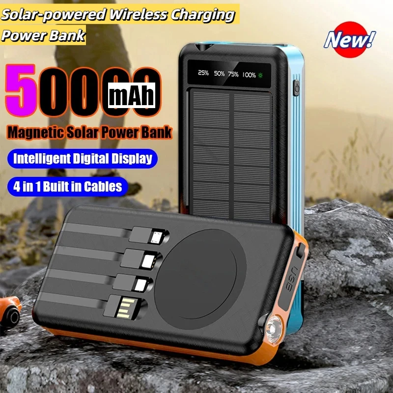 50000mAh Solar Power Bank Wireless Fast Charging Battery Large Capacity Mobile Power Dual USB 4 Cables For iPhone Samsung Xiaomi 50000mAh Solar Power Bank Wireless Fast Charging Battery Large Capacity Mobile Power Dual USB 4 Cables For iPhone Samsung Xiaomi