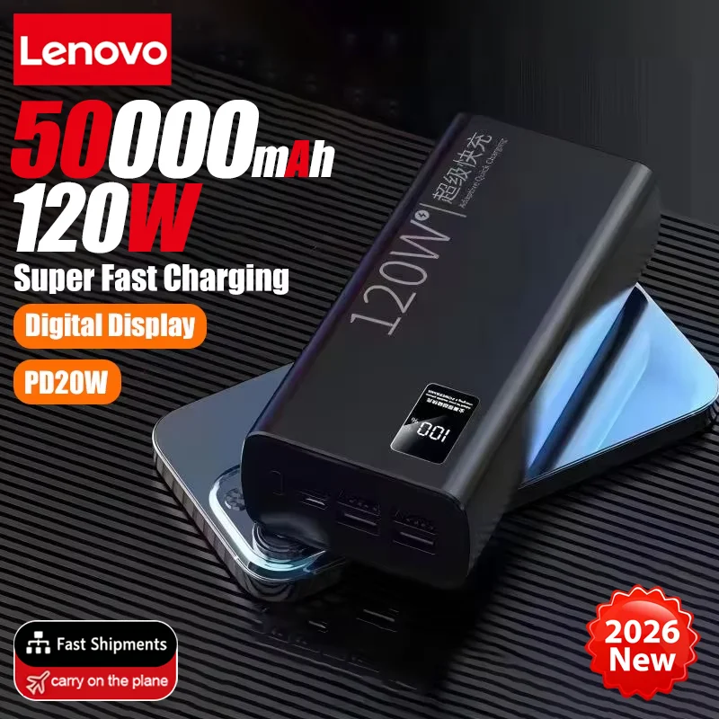 Lenovo 50000mAh 120w Super Fast Charging External Battery Ultra Capacity PowerBank Portable LED Digital Display For IPhone