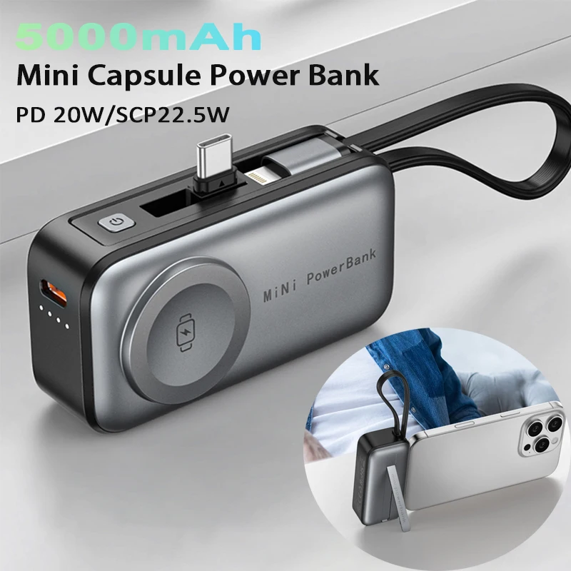 Pocket Power Bank Portable Fast Charge Type C External Battery for iPhone Watch Samsung Xiaomi With Cable Quick Charge Powerbank Pocket Power Bank Portable Fast Charge Type C External Battery for iPhone Watch Samsung Xiaomi With Cable Quick Charge Powerbank