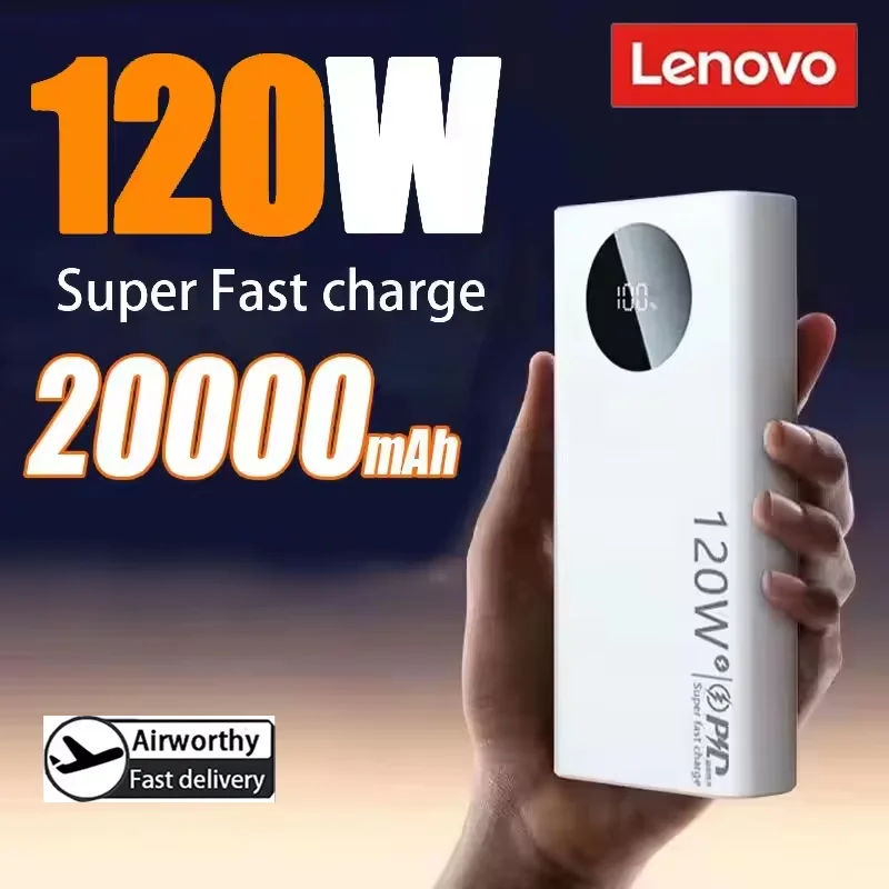 Lenovo 20000mAh Power Bank 120W Fast Charging High Capacity Portable Battery Charger Moblie Powerbank For iPhone Samsung Xiaomi