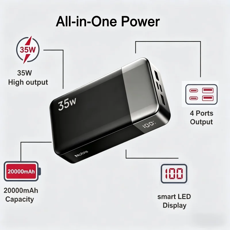 Nobis 20000mAh PD35W Fast Charging Power Bank, 4-Port 2C2A USB C Battery Pack Compatible with iPhone Samsung iPad Switch Android Nobis 20000mAh PD35W Fast Charging Power Bank, 4-Port 2C2A USB C Battery Pack Compatible with iPhone Samsung iPad Switch Android