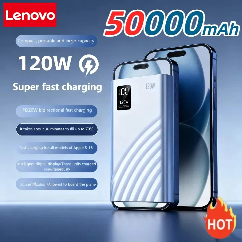 Lenovo 120W 50000mAh Large Capacity Emergency Power Bank Super Fast Charging Portable Battery Charger Suitable for iPhone