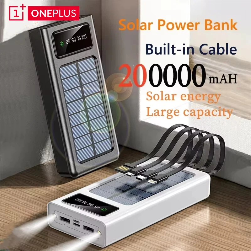 OnePlus Solar Power Bank 200000mAh Large Capacity Mobile Power Fast Charging Battery With Dual USB 4 Cables For iPhone Xiaomi OnePlus Solar Power Bank 200000mAh Large Capacity Mobile Power Fast Charging Battery With Dual USB 4 Cables For iPhone Xiaomi