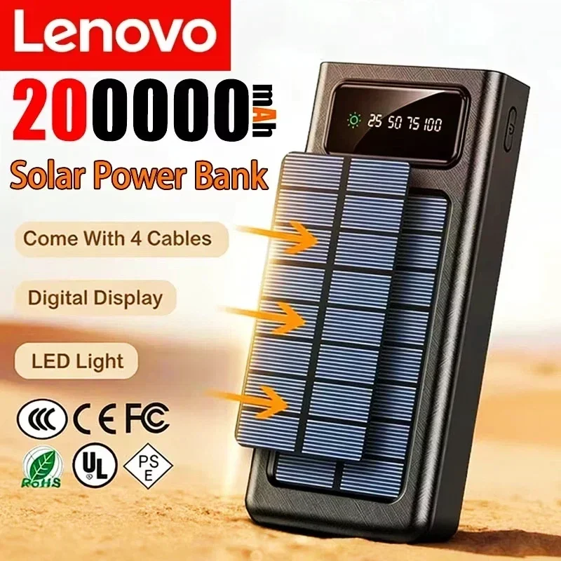 Lenovo 80000mAh Solar Power Bank Super Fast Charging Ultra Capacity 4Built-in USB Cables LED Flashlight for iPhone Android Lenovo 80000mAh Solar Power Bank Super Fast Charging Ultra Capacity 4Built-in USB Cables LED Flashlight for iPhone Android