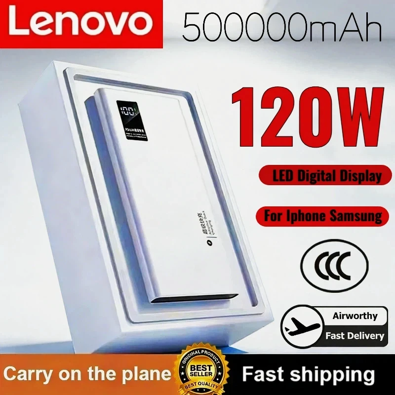 Lenovo High Capacity 500000mAh Power Bank 120W Fast Charging LED Power Bank Portable Battery Charger For iPhone Samsung 2026 NEW