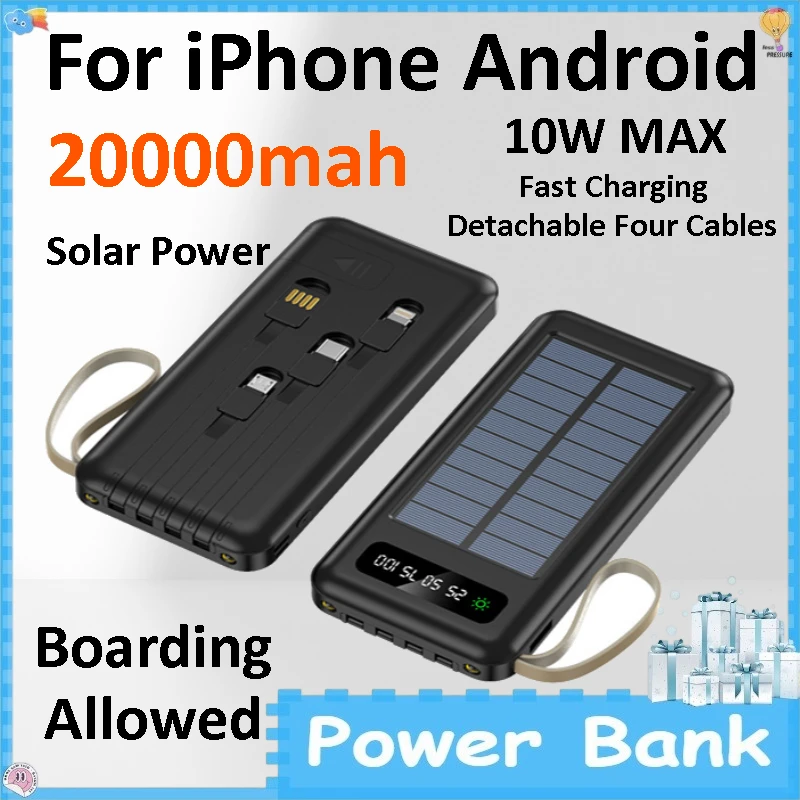 20000mAh Solar Power Bank Built-in Cable Large Capacity Portable External Battery Fast Charging Powerbank for IPhone Android 20000mAh Solar Power Bank Built-in Cable Large Capacity Portable External Battery Fast Charging Powerbank for IPhone Android