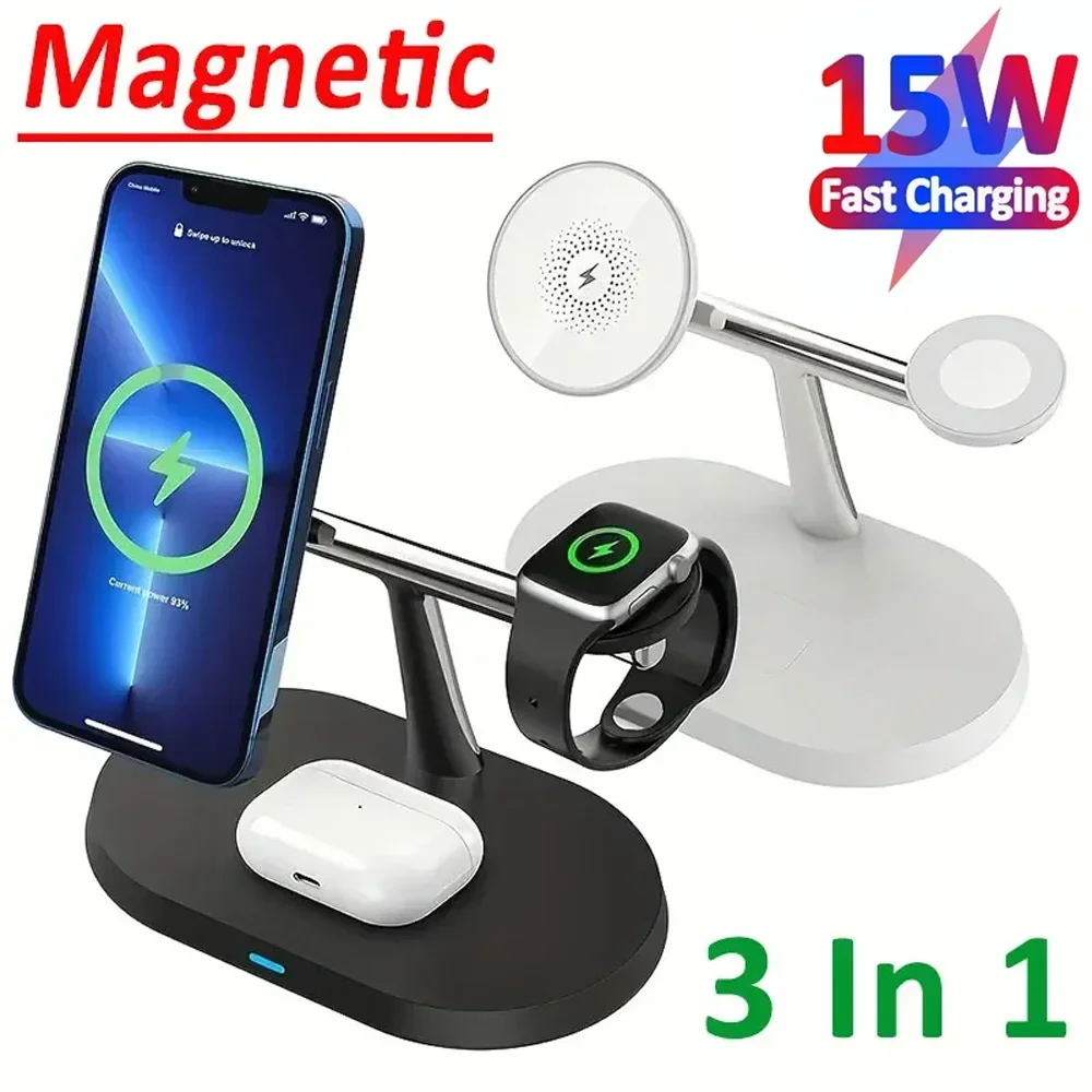 Magnetic Wireless Charger Stand for iPhone 15 14 13 12 Pro Max Apple Watch 9 8 7 Airpods Pro 3 In 1 Fast Phone Charging Sation Magnetic Wireless Charger Stand for iPhone 15 14 13 12 Pro Max Apple Watch 9 8 7 Airpods Pro 3 In 1 Fast Phone Charging Sation