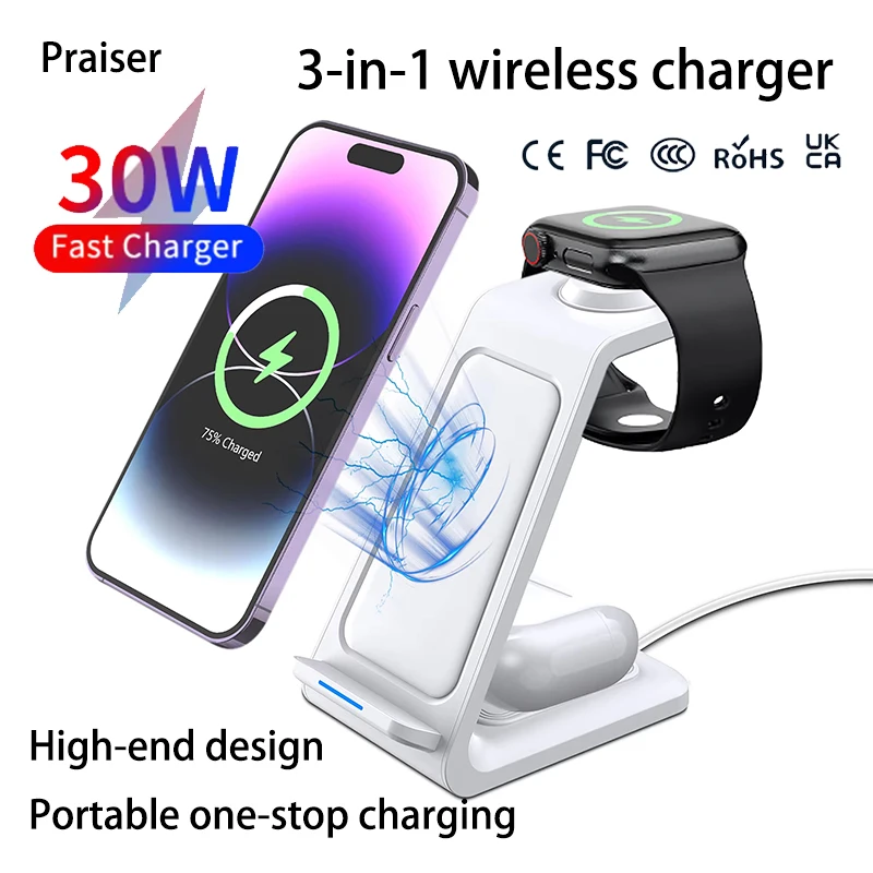 30W 3-In-1 Wireless Charger Stand Dock For iPhone Samsung Xiaomi OPPO Apple Watch 8 7 AirPods Induction Fast Charging Station 30W 3-In-1 Wireless Charger Stand Dock For iPhone Samsung Xiaomi OPPO Apple Watch 8 7 AirPods Induction Fast Charging Station