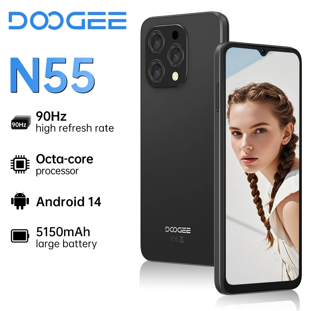 Global version DOOGEE N55 Smartphone 6.56 " 90Hz Screen Telephone Portable 4GB+128GB Triple 13MP 5150mAh Android 14 Mobile Phone