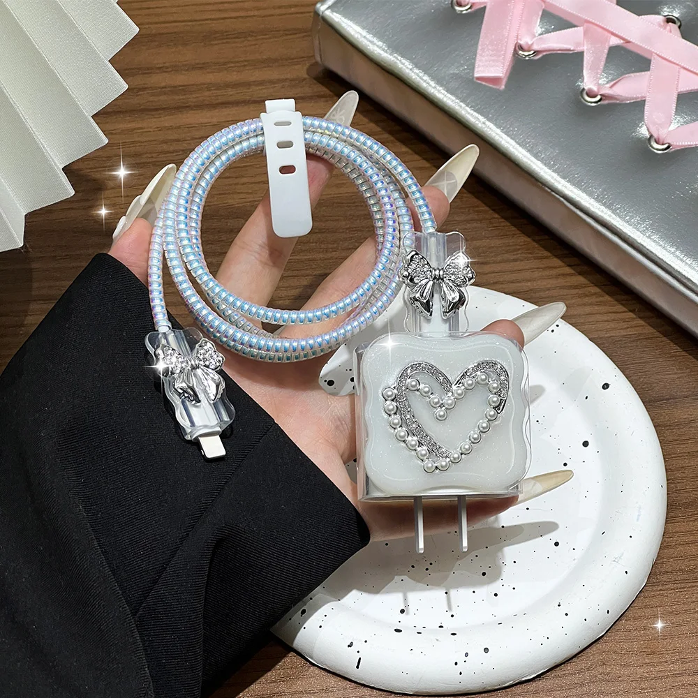 Cute 3D Love Heart Pearl Wave Border USB Cable Protector Cover For iPhone 18W/20W Data Line Bite Head Cord Fast Charging Case Cute 3D Love Heart Pearl Wave Border USB Cable Protector Cover For iPhone 18W/20W Data Line Bite Head Cord Fast Charging Case