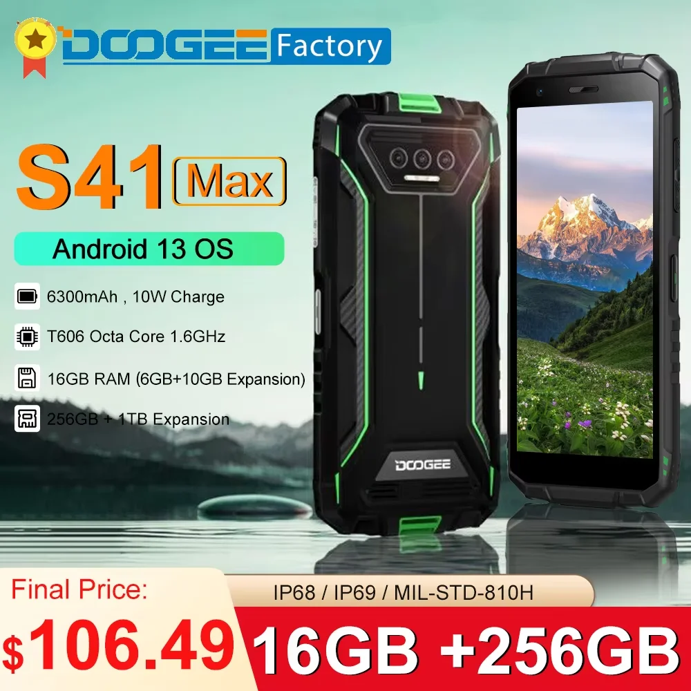 Global version DOOGEE S41 Max Rugged Phone Helio G99 13MP AI Triple Camera 16GB(6GB+10GB)+256GB 6300mAh 4G Android 13 Smartphone