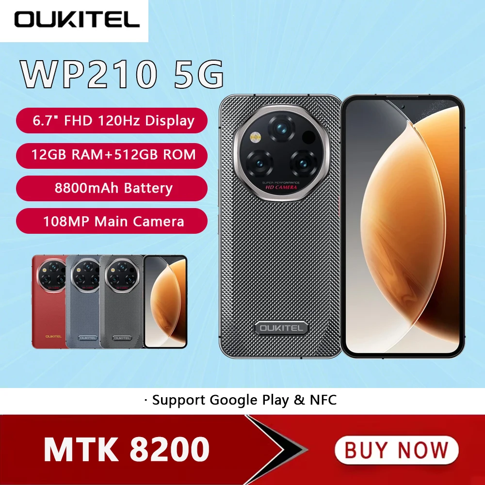 OUKITEL WP210 5G Rugged Phone MTK 8200 6.7 Inch FHD+ 12GB RAM 512GB ROM Mobile Phone 8800mAh 108MP Android15 45W Cellphone NFC OUKITEL WP210 5G Rugged Phone MTK 8200 6.7 Inch FHD+ 12GB RAM 512GB ROM Mobile Phone 8800mAh 108MP Android15 45W Cellphone NFC