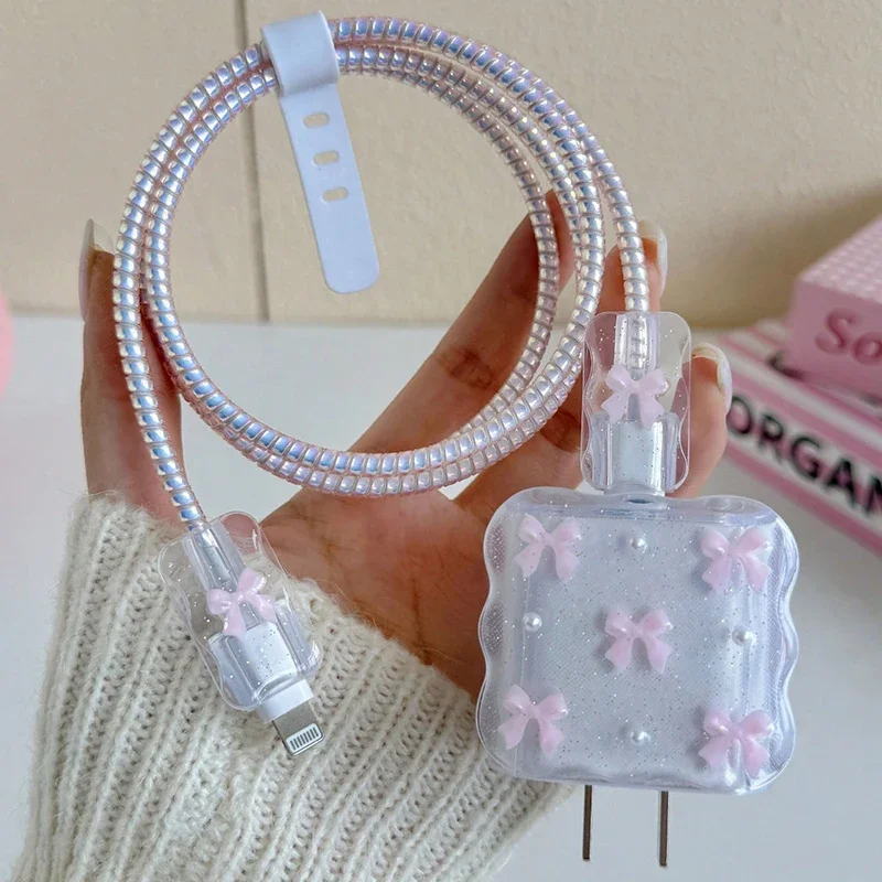 Transparent Pink 3D Bowknot Cellphone Charger Protective Case Sleeve for Apple IPhone 18/20W Laser Cable Winder Wire Protectors Transparent Pink 3D Bowknot Cellphone Charger Protective Case Sleeve for Apple IPhone 18/20W Laser Cable Winder Wire Protectors