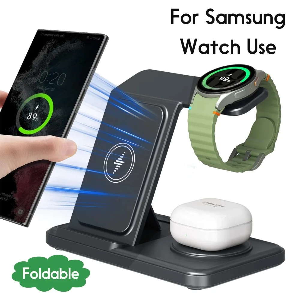 3 in 1 Wireless Charger Stand For Samsung S25 S24 S23 S22 Buds3/2 Pro Galaxy Watch 8 7 6 5 4 3 2 Foldable Fast Charging Station