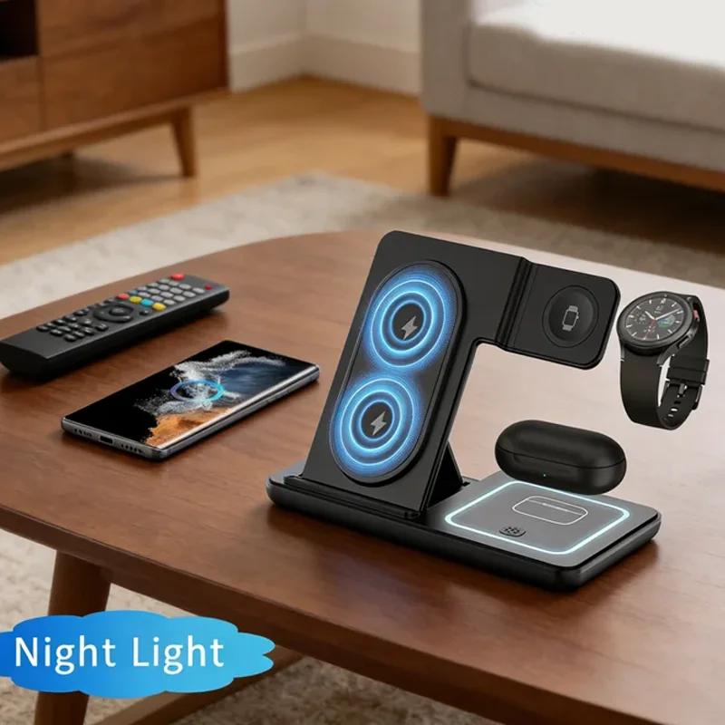 3 In 1 Foldable Wireless Charger Stand LED Fast Charging Station for Samsung S25 S24 Galaxy Watch 2-8 Active Buds Pro