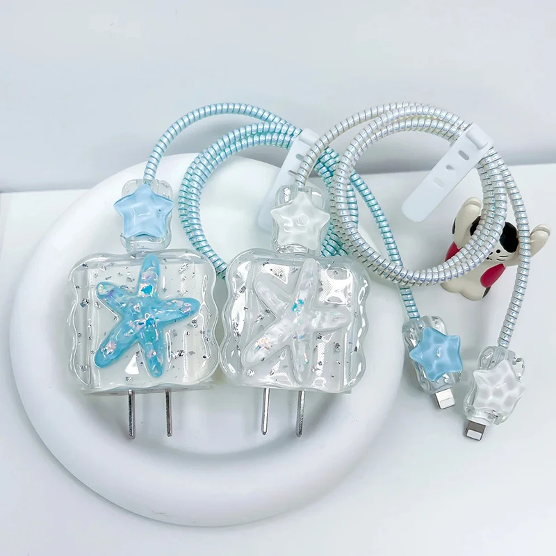Korean Cute 3D Crystal Star USB Cable Protector Cover For iPhone 18W-20W Data Line Bite Head Cord Flower Fast Charging Case Korean Cute 3D Crystal Star USB Cable Protector Cover For iPhone 18W-20W Data Line Bite Head Cord Flower Fast Charging Case