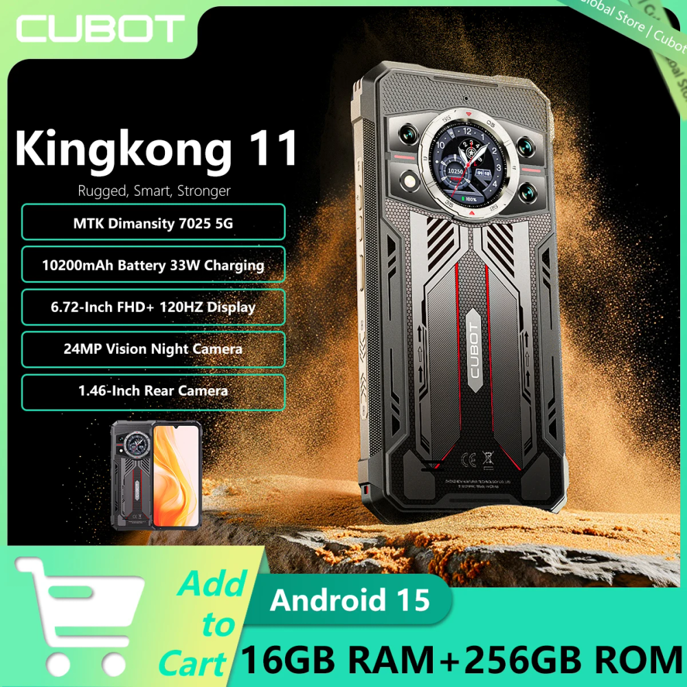 Cubot Kingkong 11 Rugged Phone Dimensity 7025 5G 1.45" Rear Display 10200mAh Battery 33W 16GB RAM+256GB ROM 108MP Camera NFC