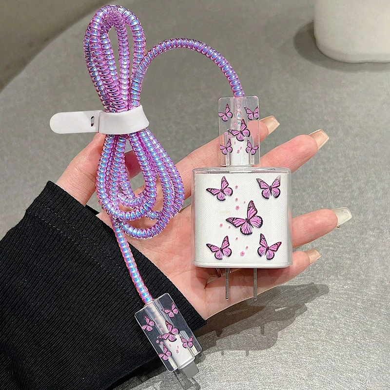 Cable Charger Protector Case For Iphone 15 14 13 16 20W Charger Protection Cover Butterfly Style Cord Winder Spiral Protective Cable Charger Protector Case For Iphone 15 14 13 16 20W Charger Protection Cover Butterfly Style Cord Winder Spiral Protective