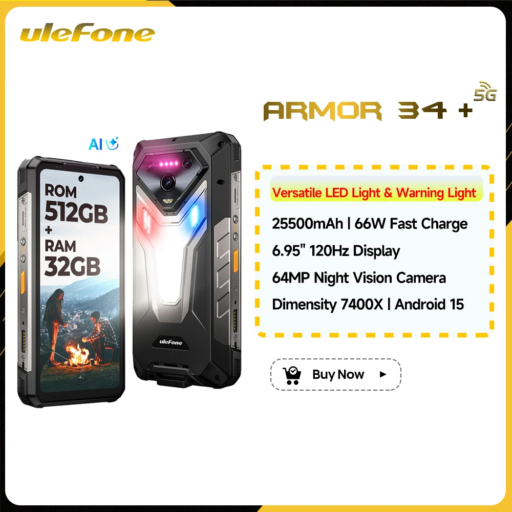 Ulefone Armor 34+ 5G Rugged Phone Smartphone Android 15 25500mAh 66W Up to 32GB+512GB 6.95" 120Hz Display Versatile LED Light