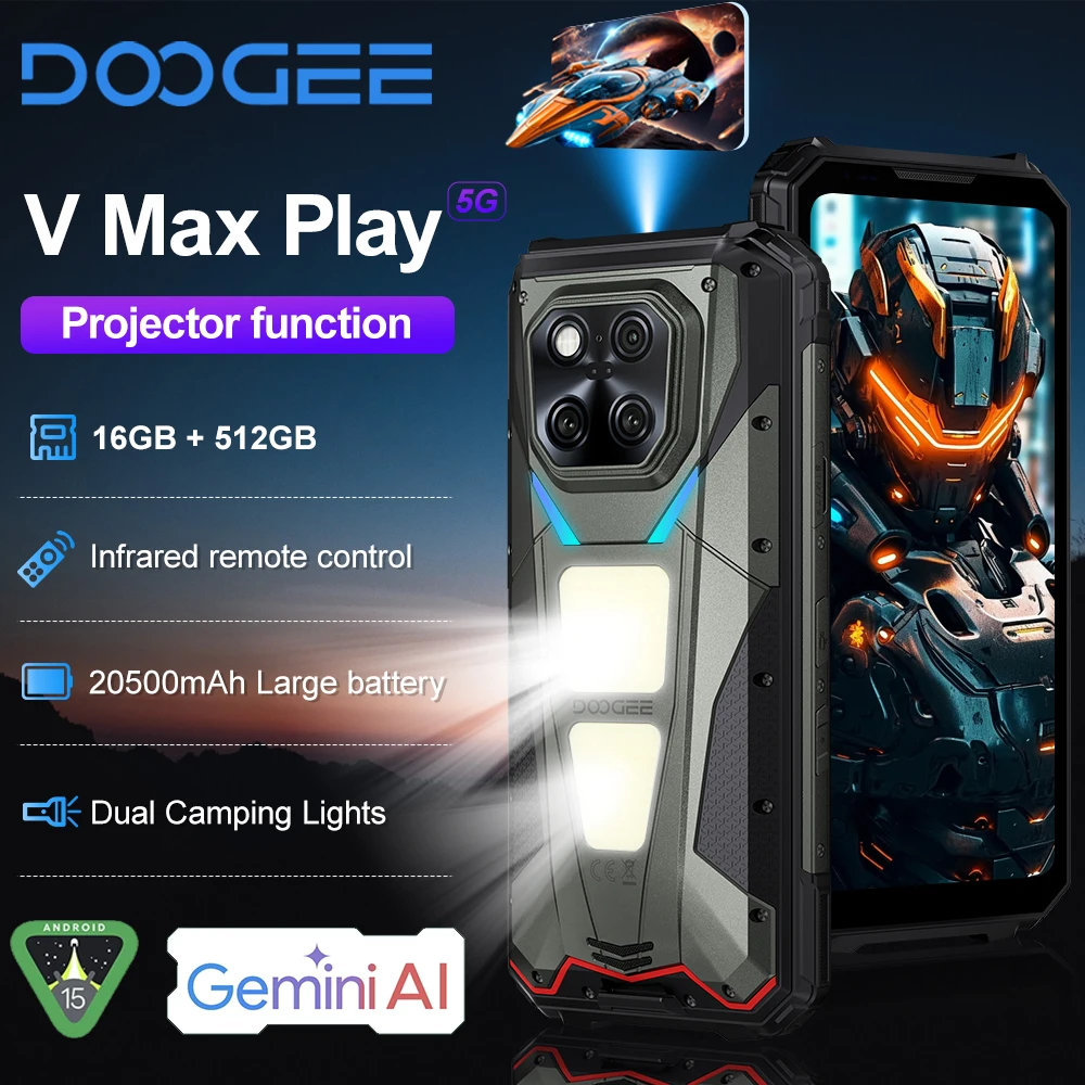 DOOGEE V Max Play Projector Rugged Phone 16GB+512GB 20500mAh 200MP Smartphon 5G 6.78" Display Dual Camping Lights Android 15 NFC DOOGEE V Max Play Projector Rugged Phone 16GB+512GB 20500mAh 200MP Smartphon 5G 6.78" Display Dual Camping Lights Android 15 NFC