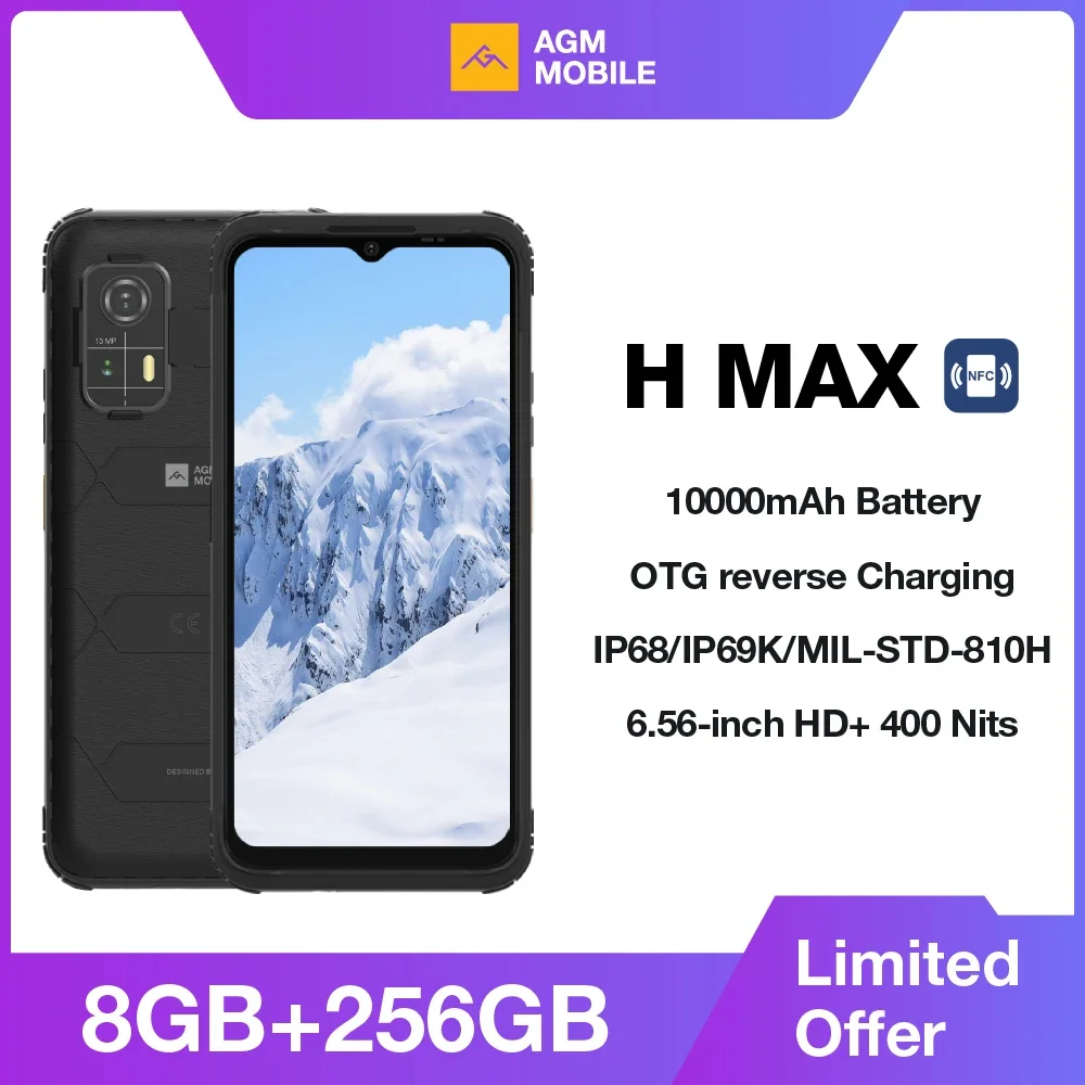 AGM H MAX Rugged Smartphone 8+256GB 10000mAh Battery HD+ Display 3 Card Slot NFC OTG Reverse Charge Waterproof