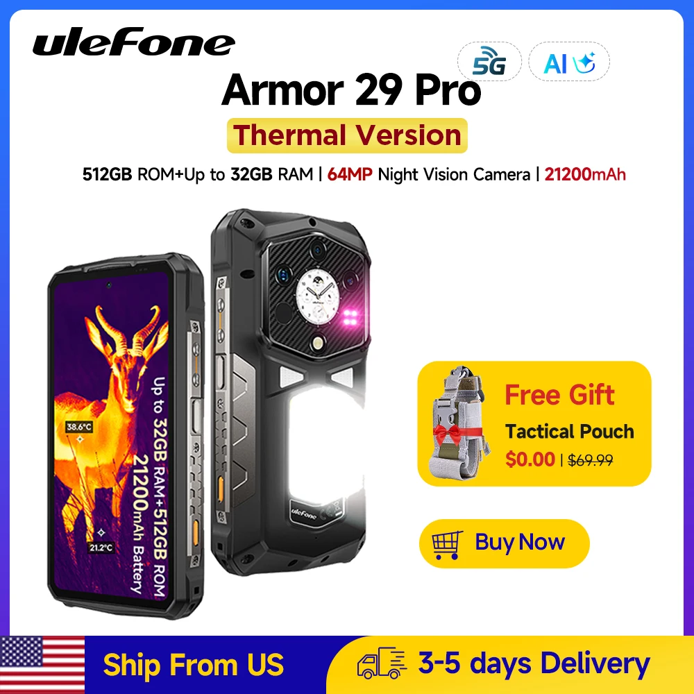 【Ship From US】Ulefone Armor 29 Pro Thermal Version 21200mAh 120W Smartphone Android 15 5G Rugged Phone 6.67" 120Hz 512GB ROM 【Ship From US】Ulefone Armor 29 Pro Thermal Version 21200mAh 120W Smartphone Android 15 5G Rugged Phone 6.67" 120Hz 512GB ROM