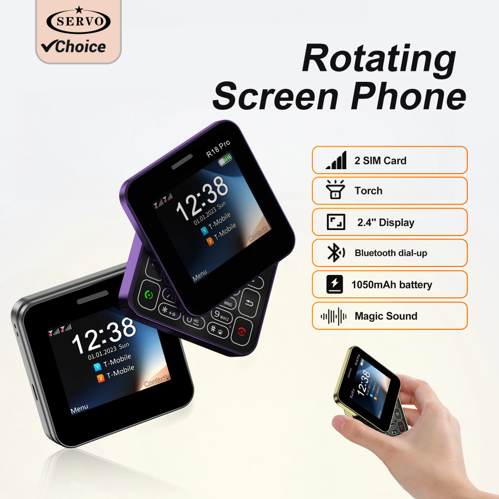 SERVO R18 Pro Rotating Screen Mini Mobile Phone 2 SIM Speed Dial Blacklist Magic Voice Torch 2.4" Screen Button Slider Cellphone