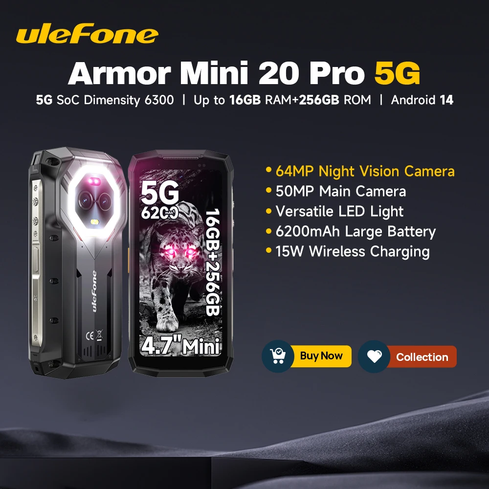 Ulefone Armor Mini 20 Pro 4.7" Rugged Phone 5G Smartphone Android 14 6200mAh 16GB(8+8) 256GB 64MP Night Vision 33W Fast Charge