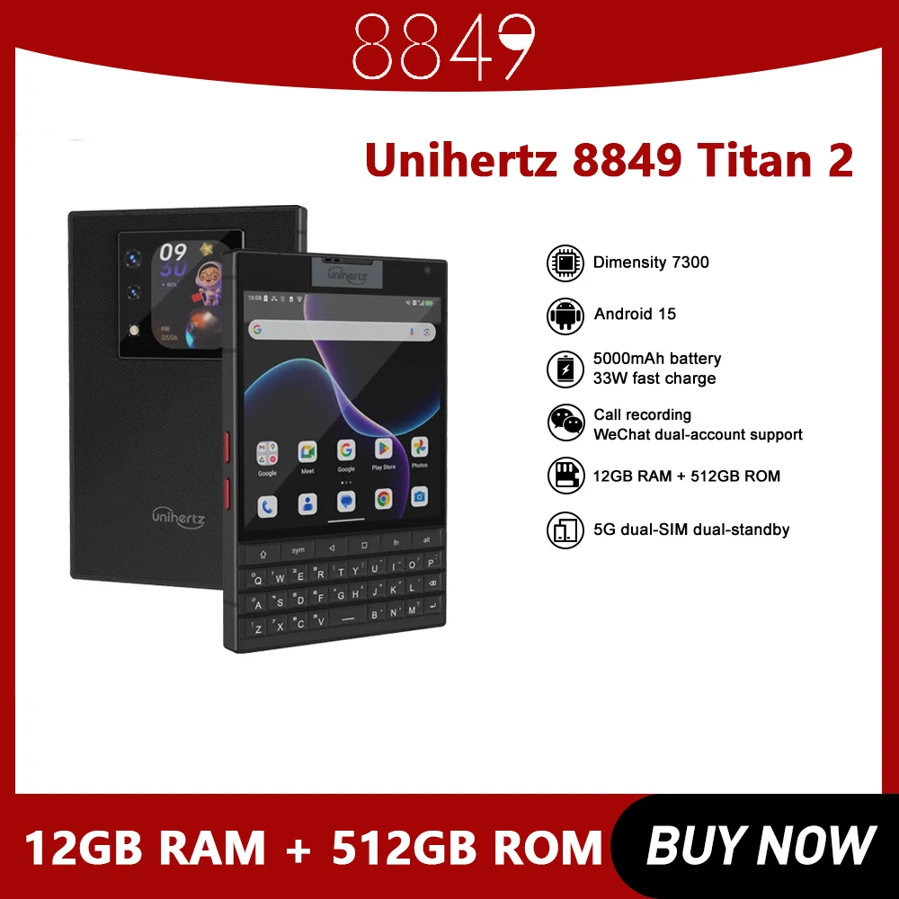 Unihertz 8849 Titan 2 5G Smartphone Dual Display & QWERTY Keyboard, 4.5", 12GB+512GB, 5000mAh 33W Fast Charge Mobile Phone