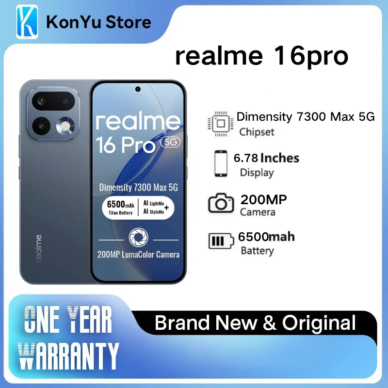 New Original realme 16 Pro 5G Smartphone 6.78" 144Hz AMOLED 200MP Camera 7000mAh 80W Charge Dimensity 7300 Max Android 16