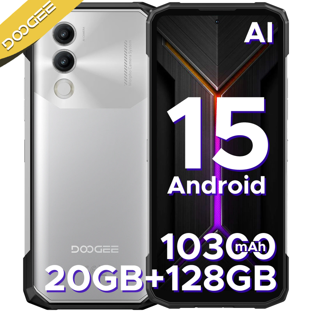 DOOGEE Blade20 Rugged Phone 6.6'' Screen 10300mAh Battery 20GB(4+16)+128GB Android 15 16MP AI Camera Gemini AI NFC Smartphone