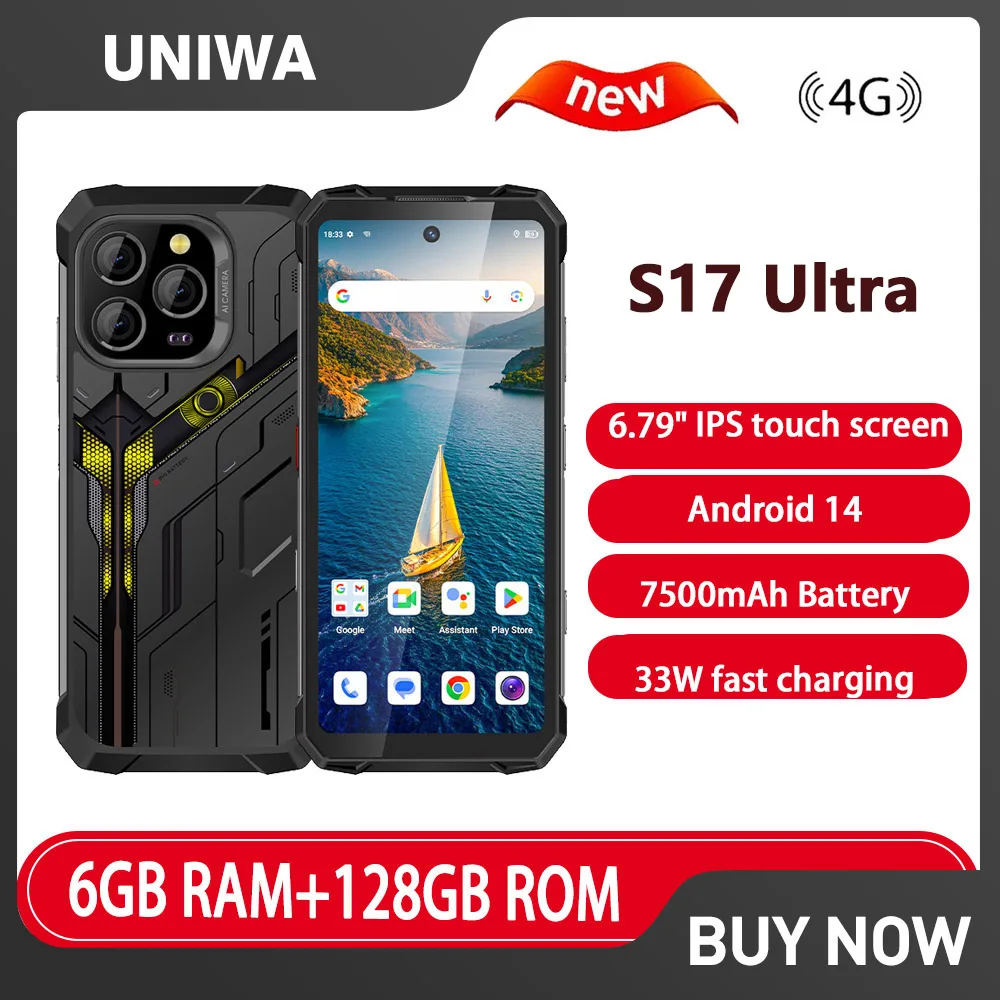 UNIWA S17 Ultra 4G Rugged Phone Smartphone 6.79" MTK G85 6GB+128GB 20MP infrared night vision camera 7500mAh IP68 NFC Android 14
