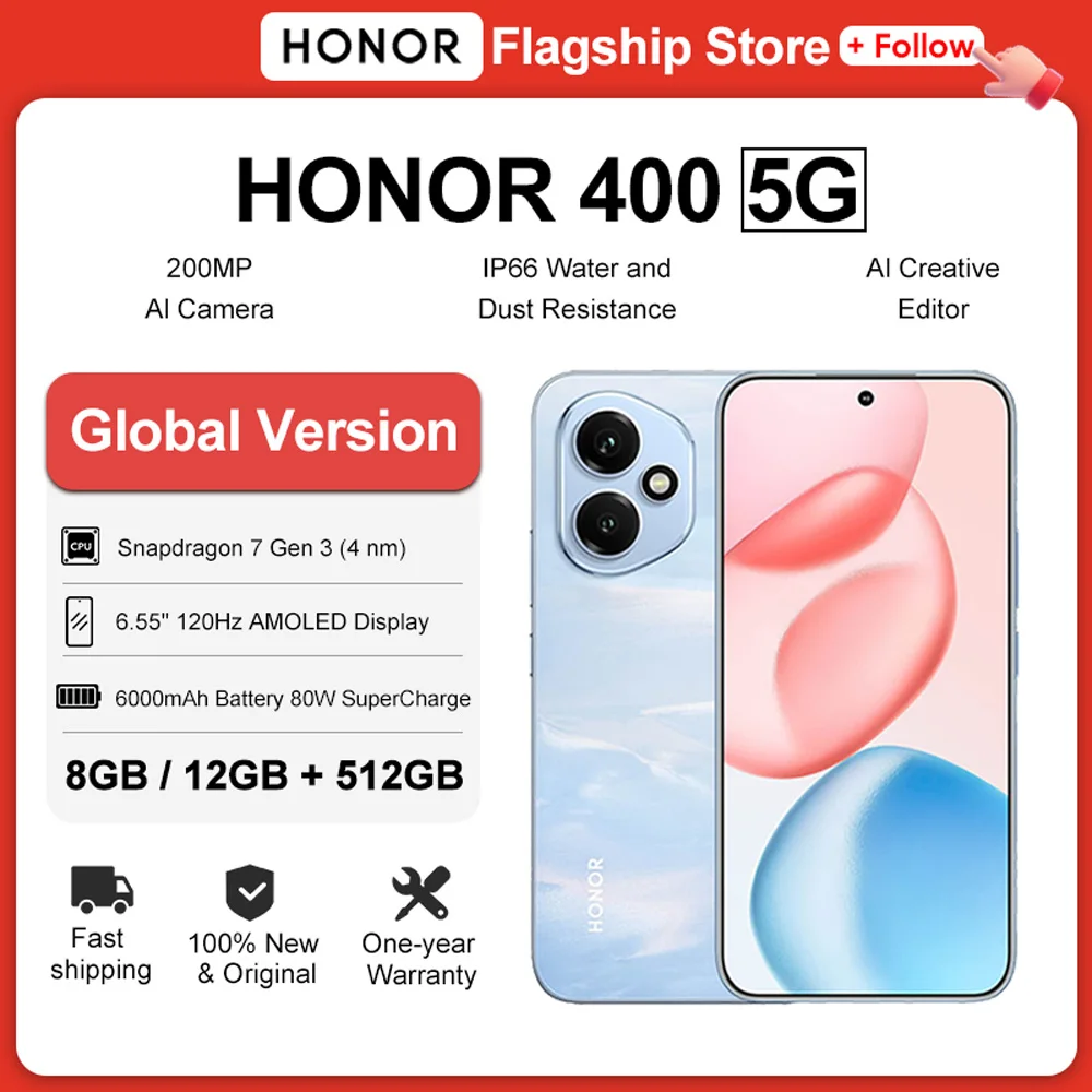 New HONOR 400 Global Version 5G Smartphone 6.55" AMOLED Display 200MP Camera Snapdragon 7 Gen 3 6000mAh Battery 80W SuperCharge