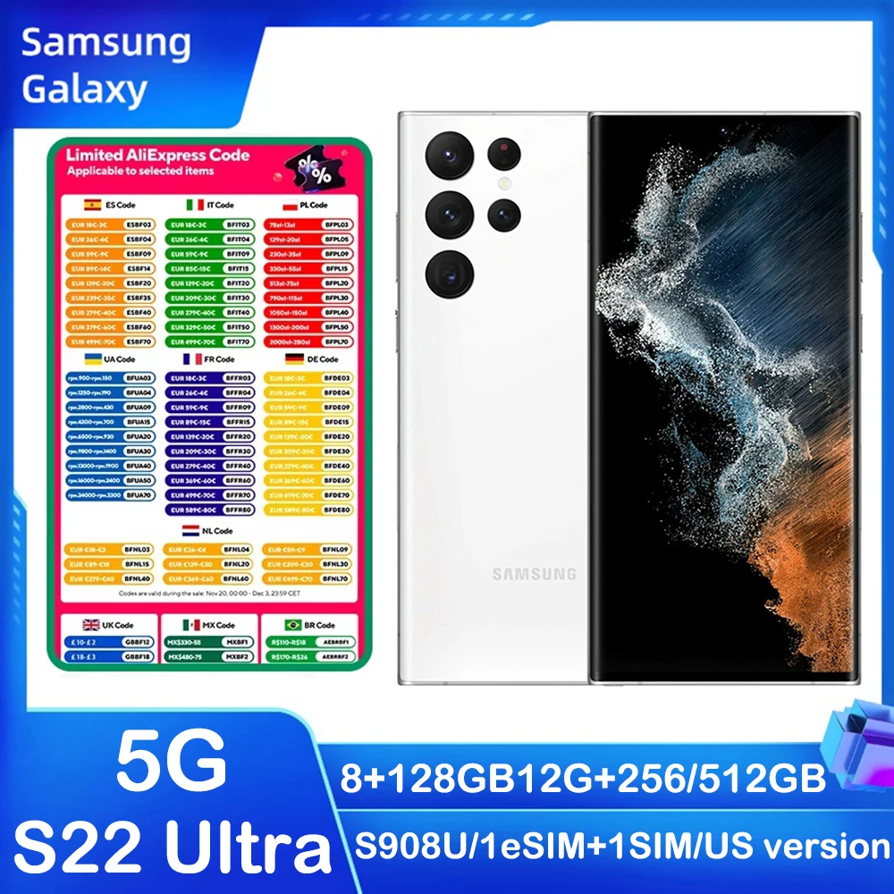 Refurbished Samsung Galaxy S22 Ultra 5G Smart Android Phone S908U 6.8-inch Snapdragon NFC Samsung S22U 108MP US Unlocked Edition
