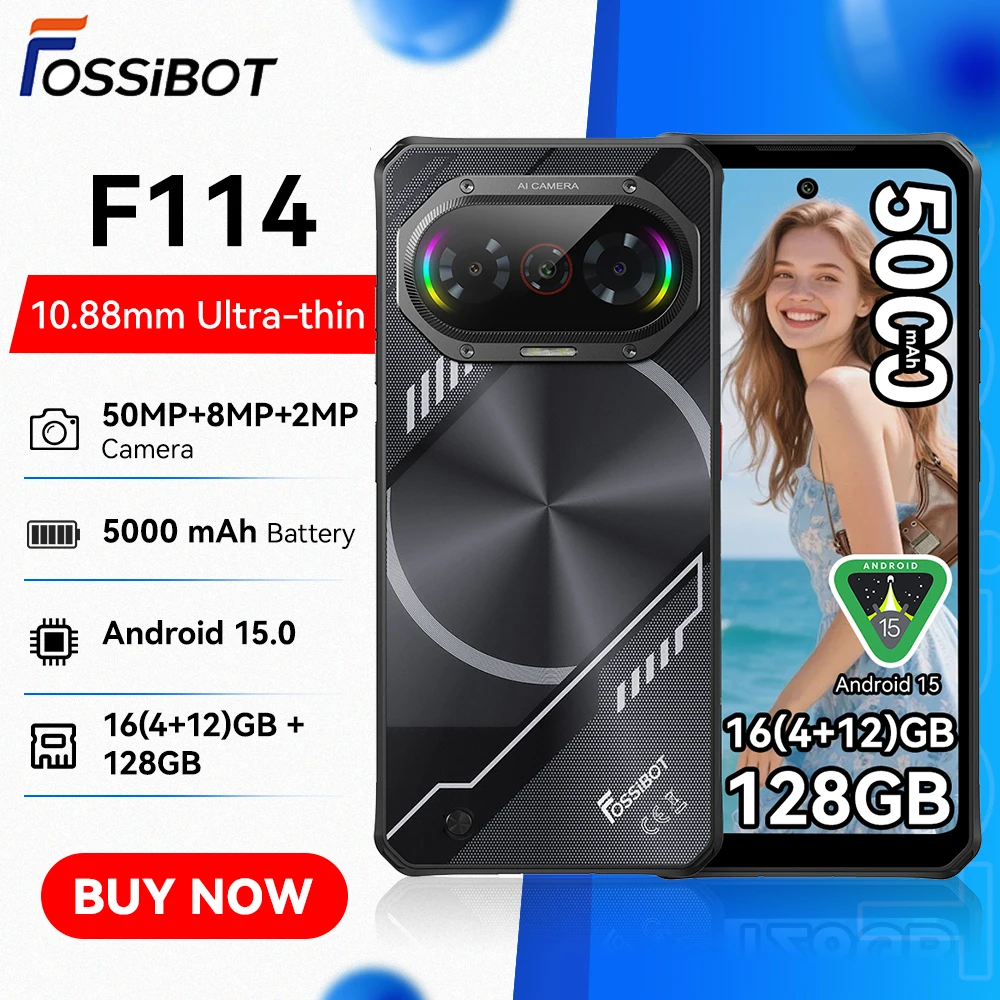 Fossibot [F114] 4G Smartphone 16GB(4+12) RAM 128GB ROM 5000mAh 18W Android 15 Unisoc T615 Ultra-thin Rugged Phone 4G 50MP