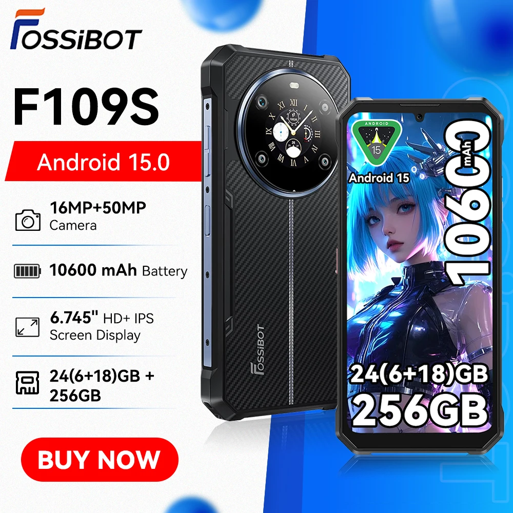 FOSSIBOT F109 S 10600mAh 18W Android 15 Rugged Smartphone 6GB RAM 256GB ROM 6.745"HD+ Display 50MP Dual Screen NFC