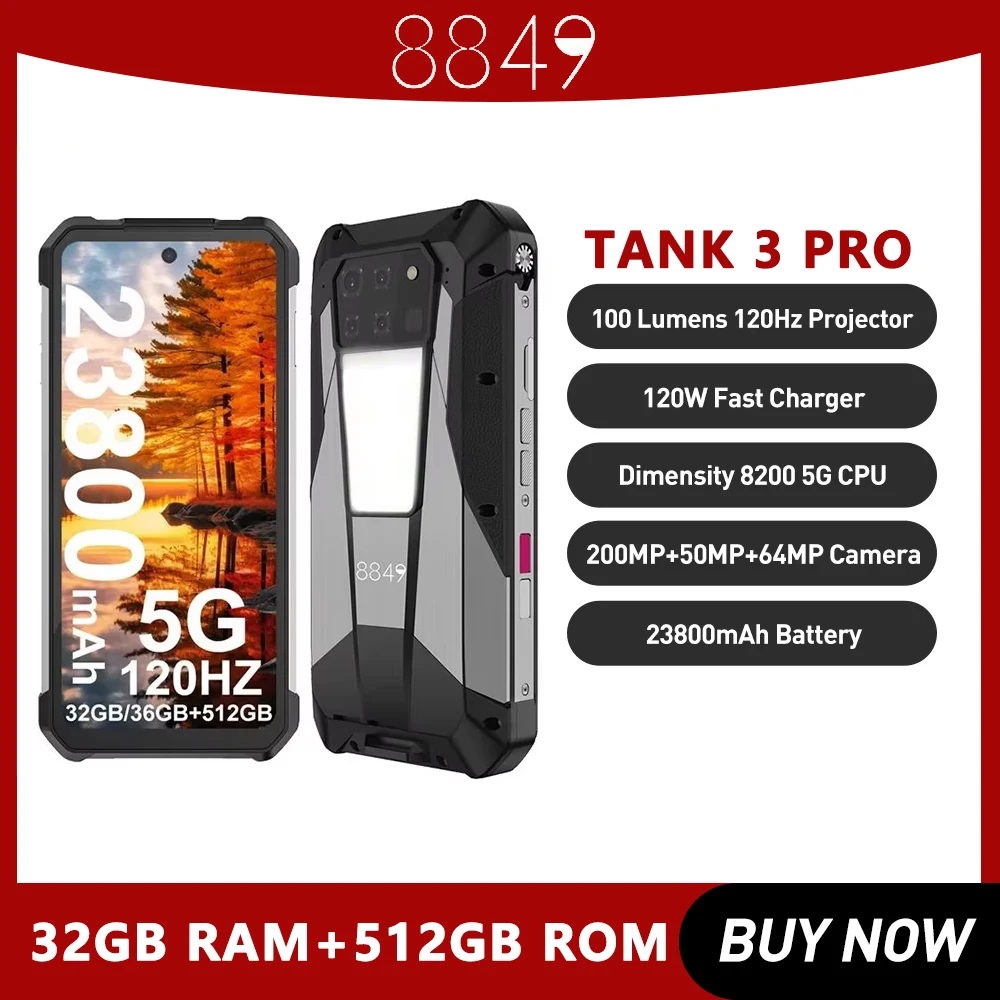 Unihertz Tank 3 Pro Rugged Phones 5G 32/36GB 512GB 200MP Camera 23800mAh Battery 120W Android 13 Dimensity 8200 Smartphone